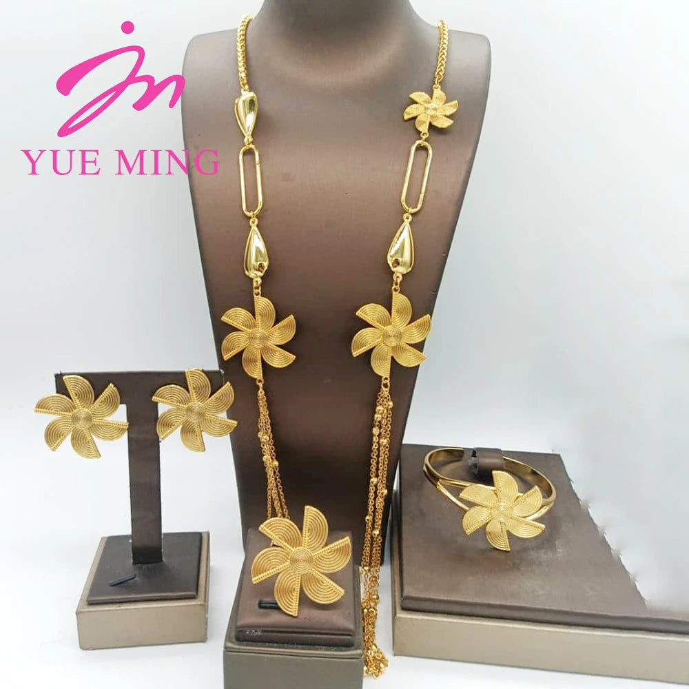 Five Layer Jewelry Set For Women Trendy Long Chain 80cm Necklace Cuff Bangle Adjustable Ring Geometry Earrings Jewelry Accessory