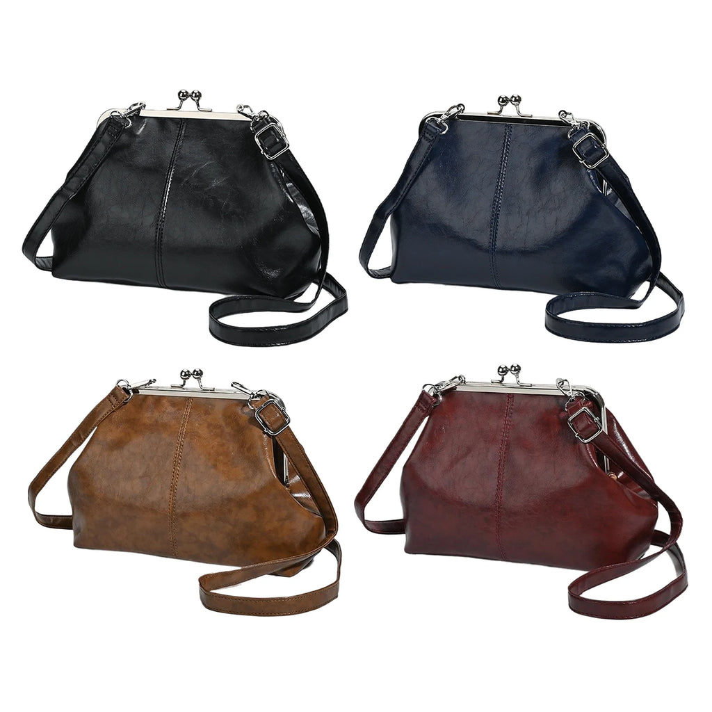 Women Girls PU Leather Large Capacity Shoulder Bag Adjustable Strap One Shoulder Crossbody Bag Elegant Kiss Lock Shoulder Bag