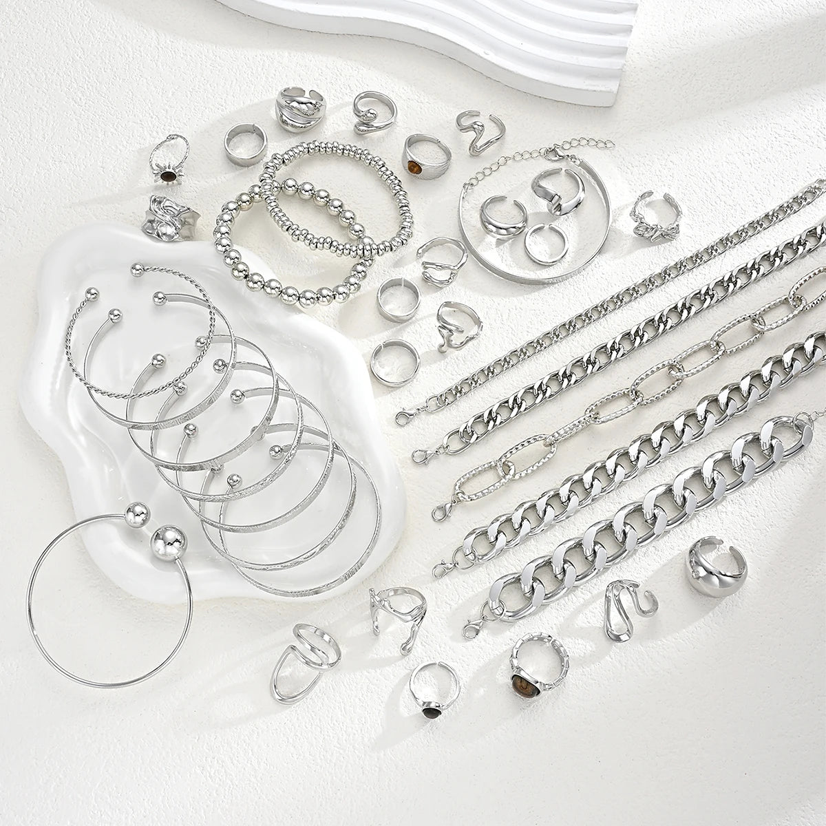37Pcs Silver Stackable Jewelry Set For Women Minimalist Trendy Layered Chain Bangle Adjustable Finger Ring Party Daily Wear Gift