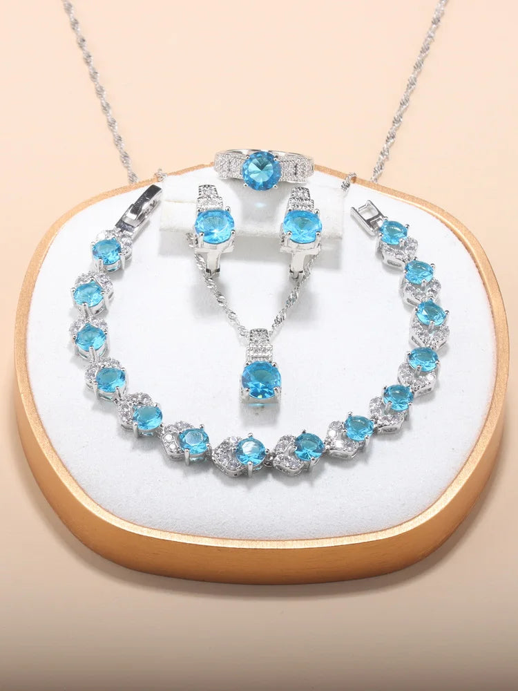 Fine Jewelry Silver 925 Fashion Party Women Dress Accessories CZ Hoop Earrings Necklace Bracelet Adjustable Ring 5-Piece Sets