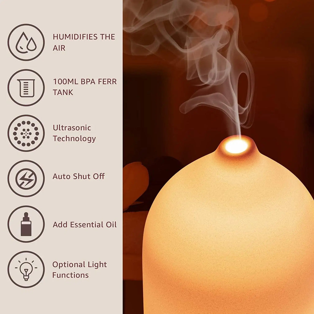 100ml Ceramic Essential Oil Diffuser for Bedroom Home Office Ultrasonic Humidifier Aroma Diffuser with 7 Colors Night Light