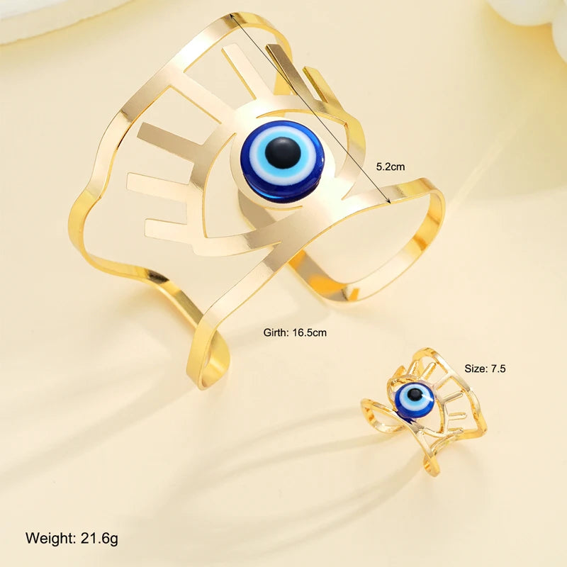 2Pcs/Set Evil Eyes Blue Eye Resin Bracelets Rings For Women Men Fashion Gold Silver Color Open Adjustable Unisex Jewelry Sets
