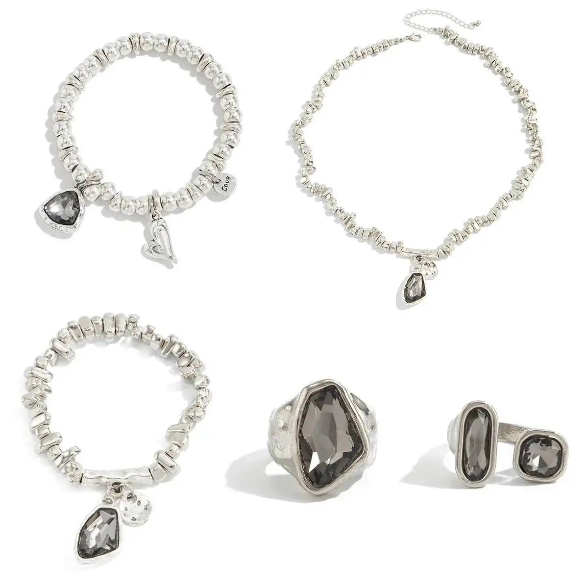 SHIXIN 5Pcs/Set Elegant Rhinestones Acrylic Beaded Necklace Bracelet Ring For Women Luxury Stackable Adjustable Open Jewelry Set
