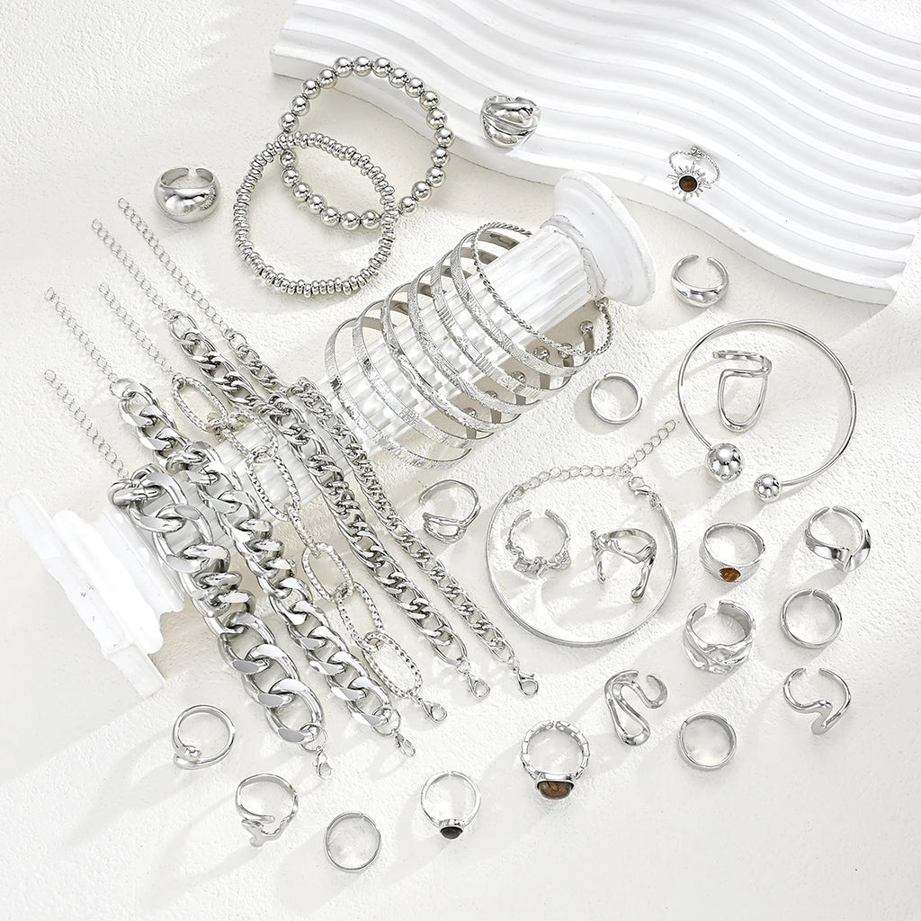 37Pcs Silver Stackable Jewelry Set For Women Minimalist Trendy Layered Chain Bangle Adjustable Finger Ring Party Daily Wear Gift