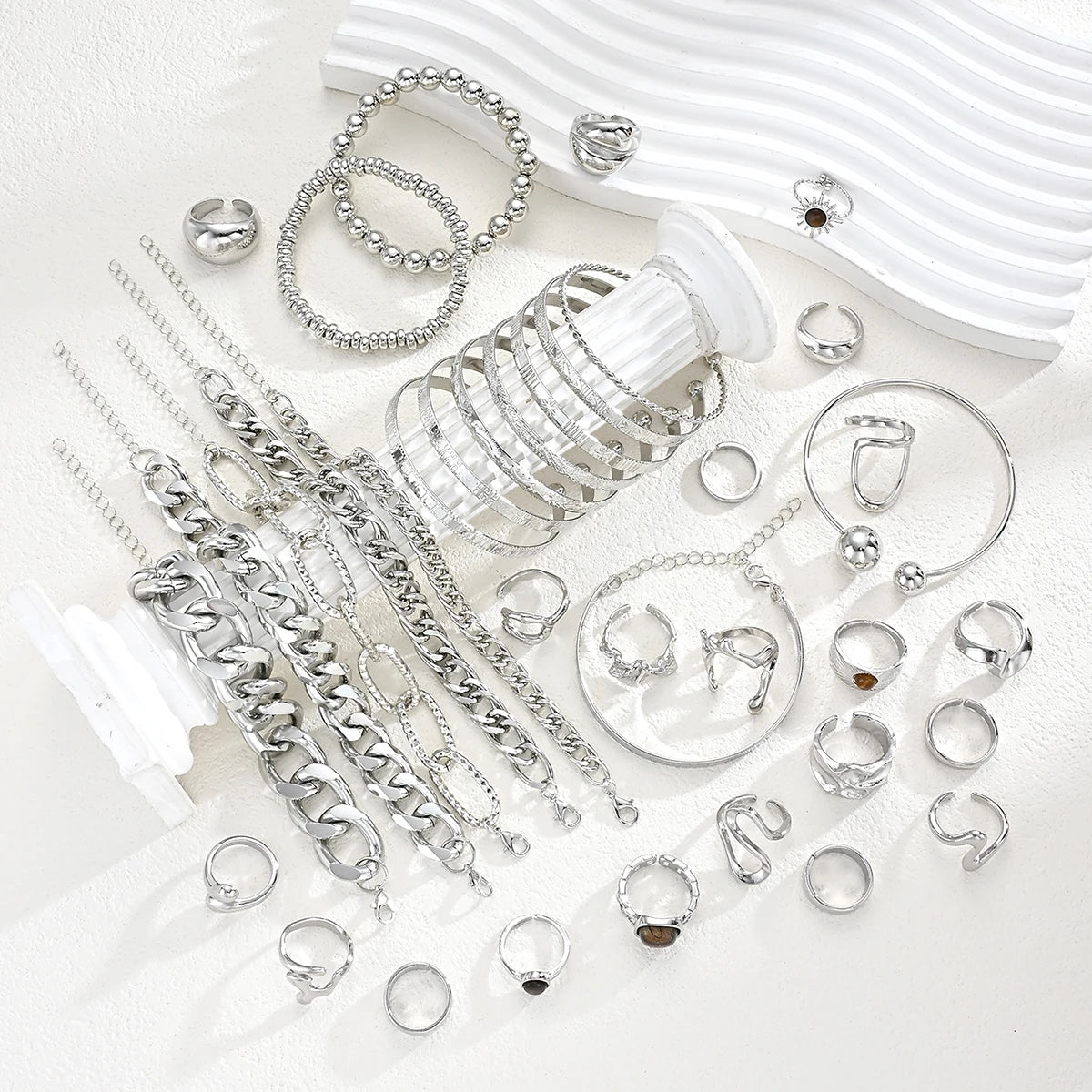 37Pcs Silver Stackable Jewelry Set For Women Minimalist Trendy Layered Chain Bangle Adjustable Finger Ring Party Daily Wear Gift