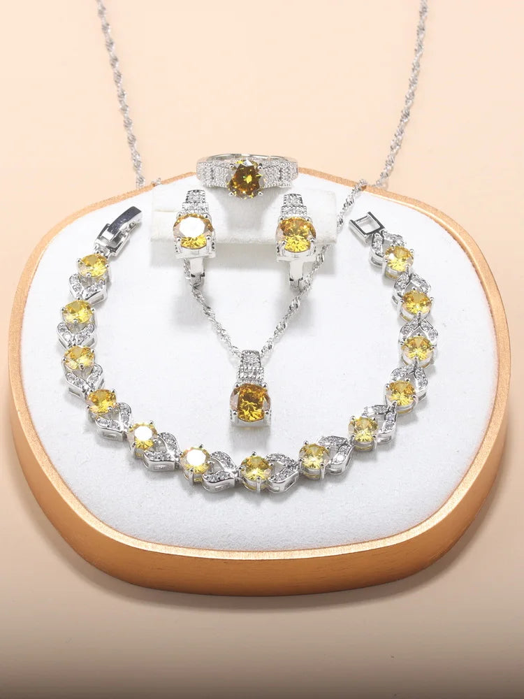 Fine Jewelry Silver 925 Fashion Party Women Dress Accessories CZ Hoop Earrings Necklace Bracelet Adjustable Ring 5-Piece Sets