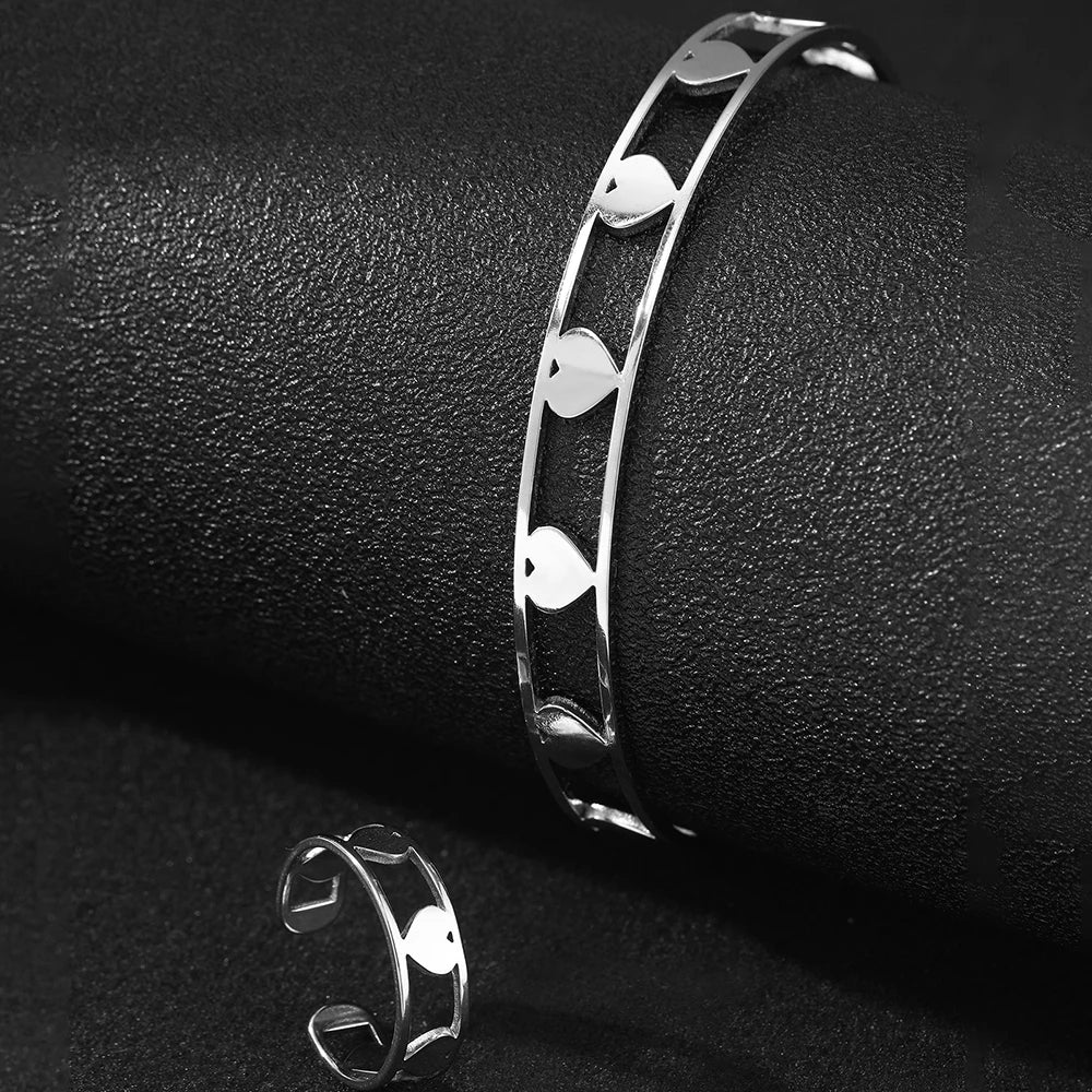 DOTIFI Stainless Steel Heart Bracelet Ring Jewelry Set Opening Adjustable Fashion Simple Commuter Hand Jewelry Women Party Gifts