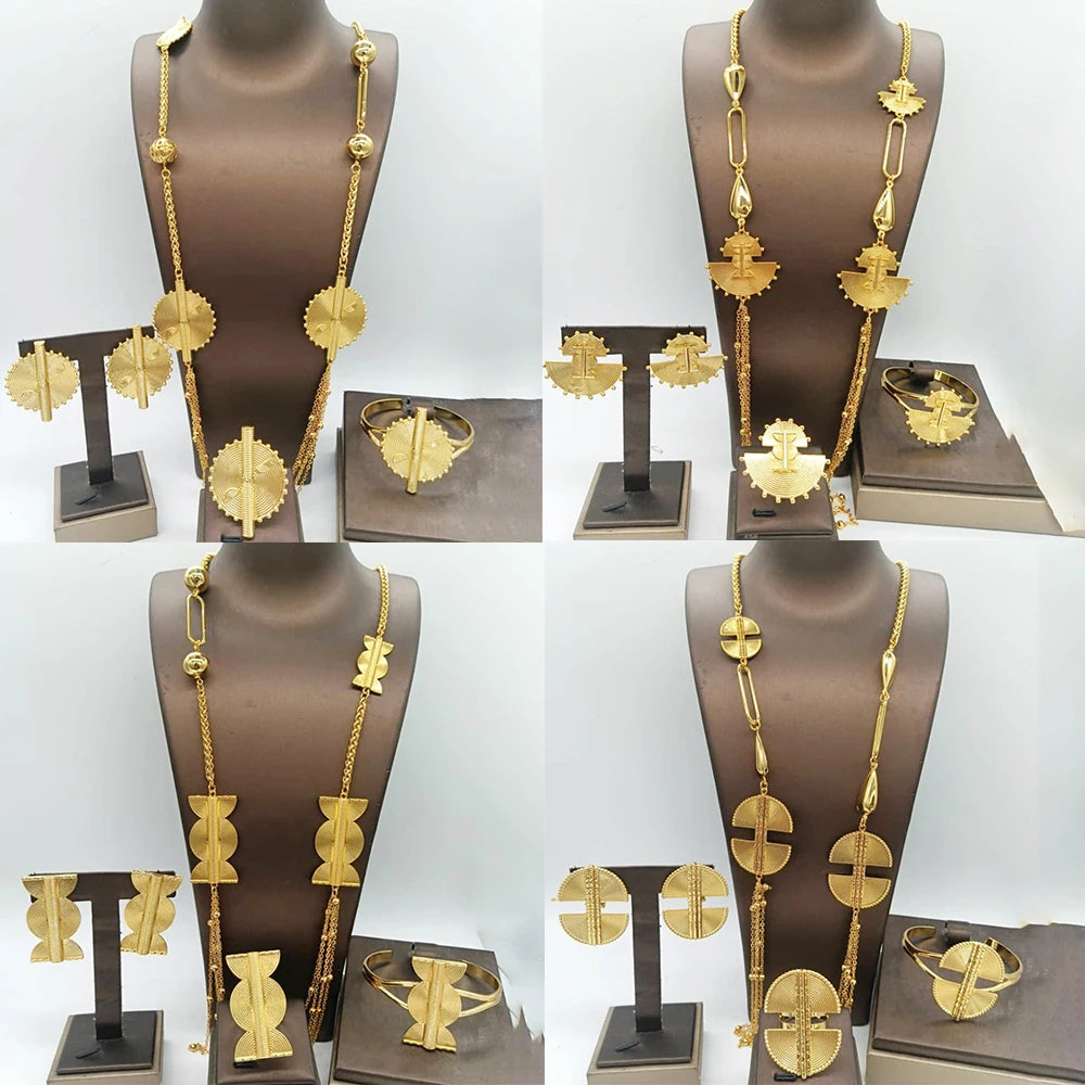 Five Layer Jewelry Set For Women Trendy Long Chain 80cm Necklace Cuff Bangle Adjustable Ring Geometry Earrings Jewelry Accessory