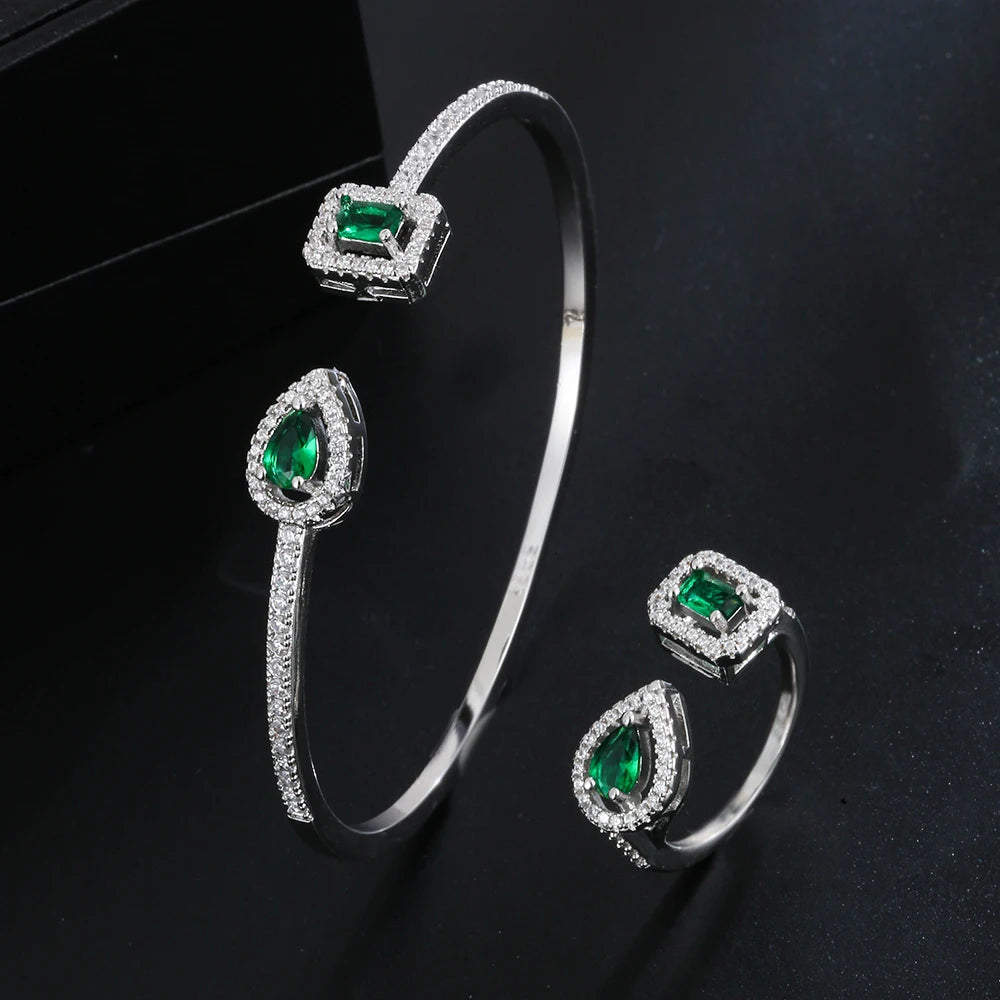 LXOEN 2pcs Pack Green Silver Color Bride Jewelry Set Halo Engagement Ring Adjustable Open Bracelet for Wedding Gift Christmas