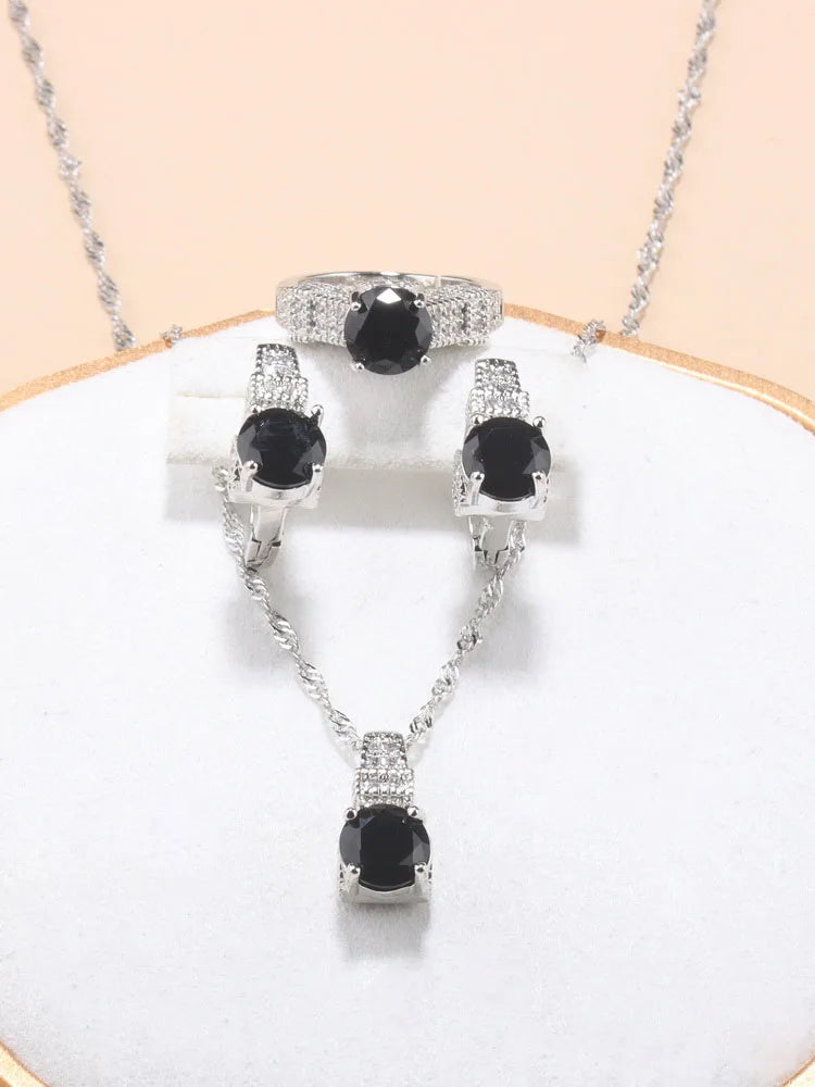 Fine Jewelry Silver 925 Fashion Party Women Dress Accessories CZ Hoop Earrings Necklace Bracelet Adjustable Ring 5-Piece Sets