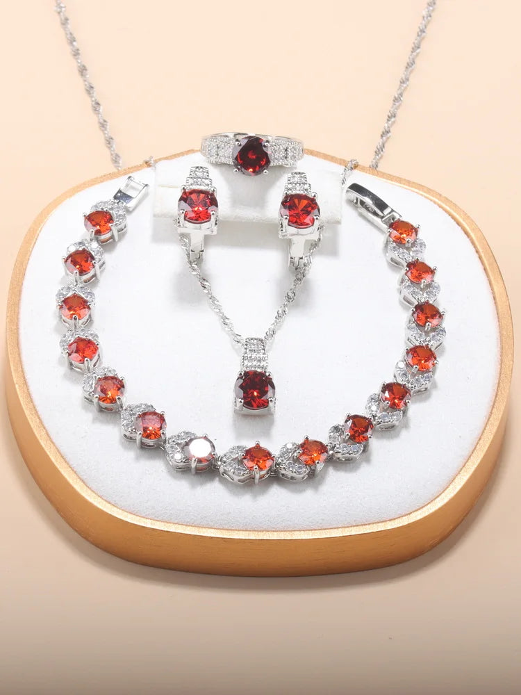 Fine Jewelry Silver 925 Fashion Party Women Dress Accessories CZ Hoop Earrings Necklace Bracelet Adjustable Ring 5-Piece Sets