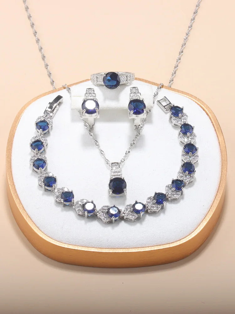Fine Jewelry Silver 925 Fashion Party Women Dress Accessories CZ Hoop Earrings Necklace Bracelet Adjustable Ring 5-Piece Sets