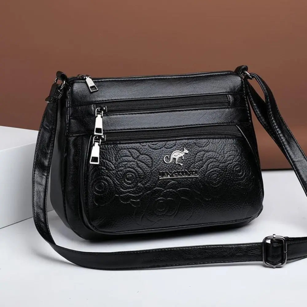 Leisure PU Leather Buying Vegetable Bag Large Capacity Multi-layer Shoulder Messenger Bag Black Crossbody Bag Woman