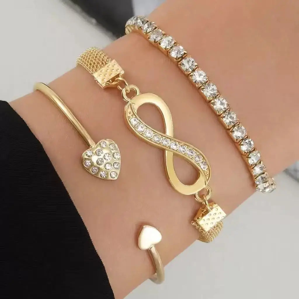 3PCS set Fashionable Retro Heart-Shaped Bright Diamond Bracelet With Geometric Adjustable Infinite Cuffs Bracelet Bead Jewelry