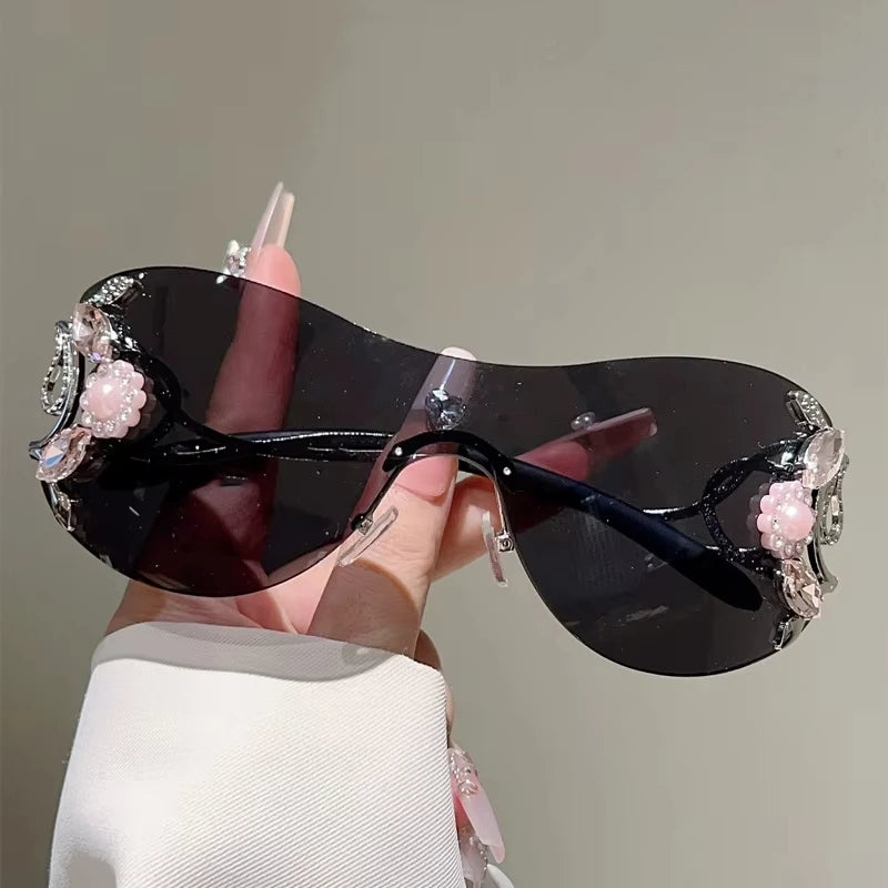 Rimless Y2k Sunglasses with Rhinestones Women Fashion Monoblock Outdoor Decor Shades Trendy Design Gradient Sun Glasses