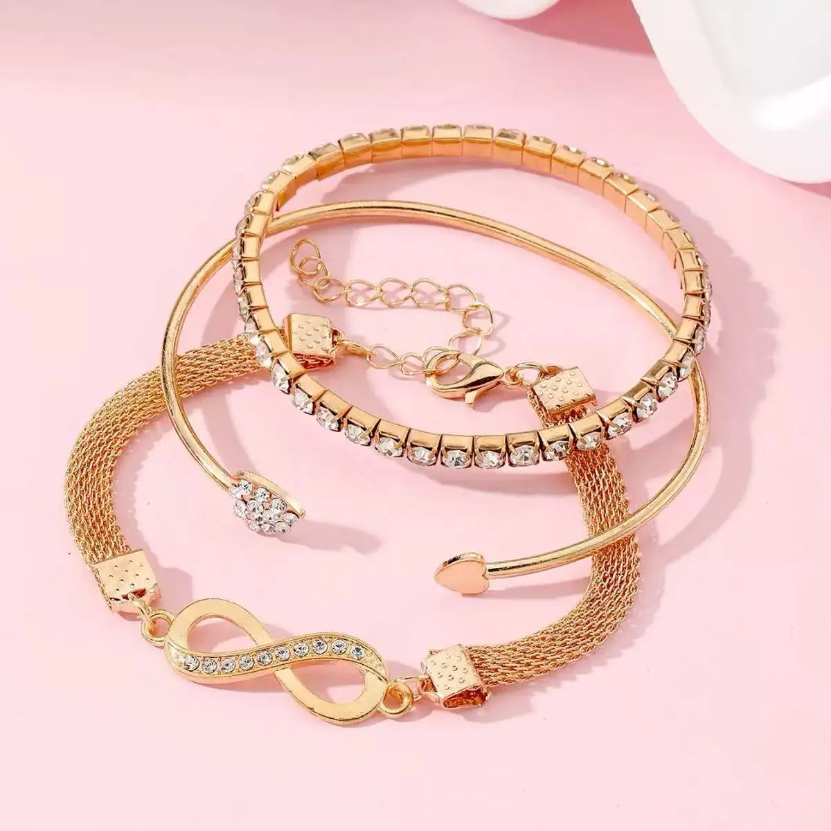 3PCS set Fashionable Retro Heart-Shaped Bright Diamond Bracelet With Geometric Adjustable Infinite Cuffs Bracelet Bead Jewelry