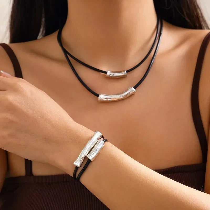 Multilayer Black Leather Adjustable Necklace Charm Bracelet for Women Daily Aesthetic Party Jewelry Set Gift