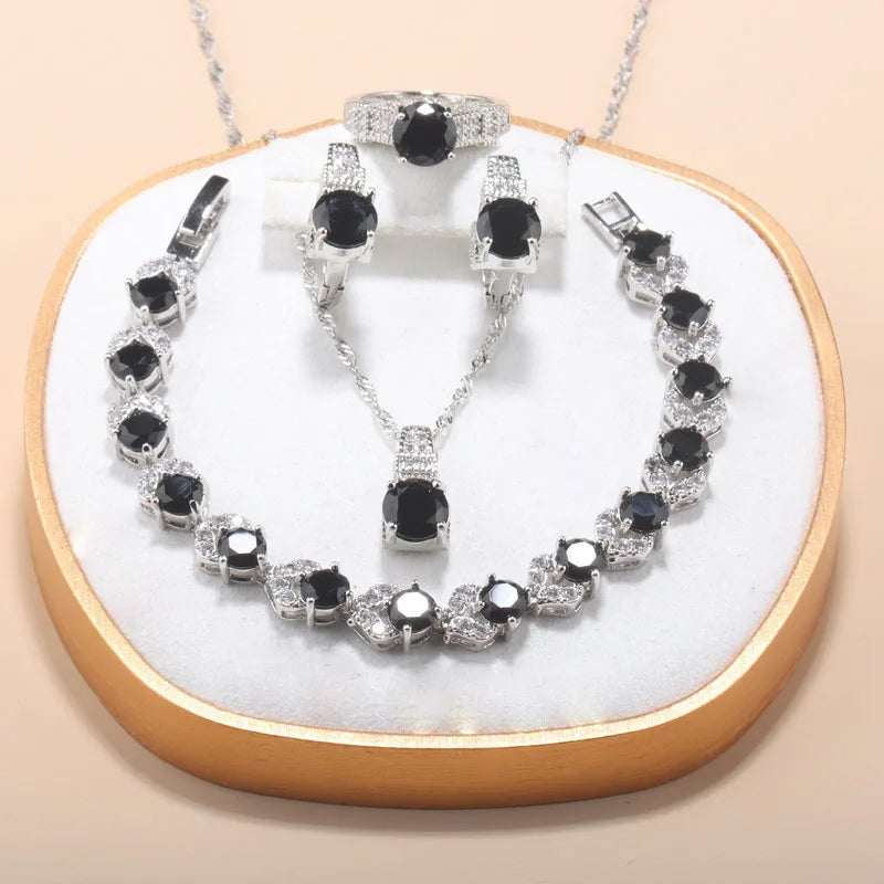 Fine Jewelry Silver 925 Fashion Party Women Dress Accessories CZ Hoop Earrings Necklace Bracelet Adjustable Ring 5-Piece Sets