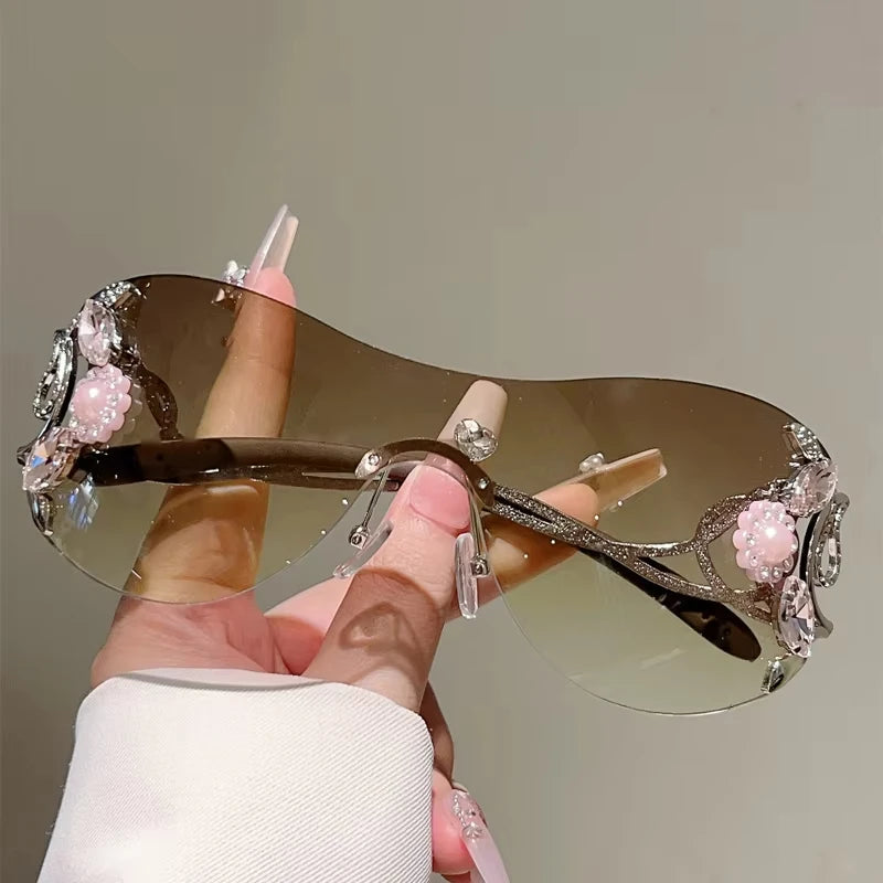 Rimless Y2k Sunglasses with Rhinestones Women Fashion Monoblock Outdoor Decor Shades Trendy Design Gradient Sun Glasses
