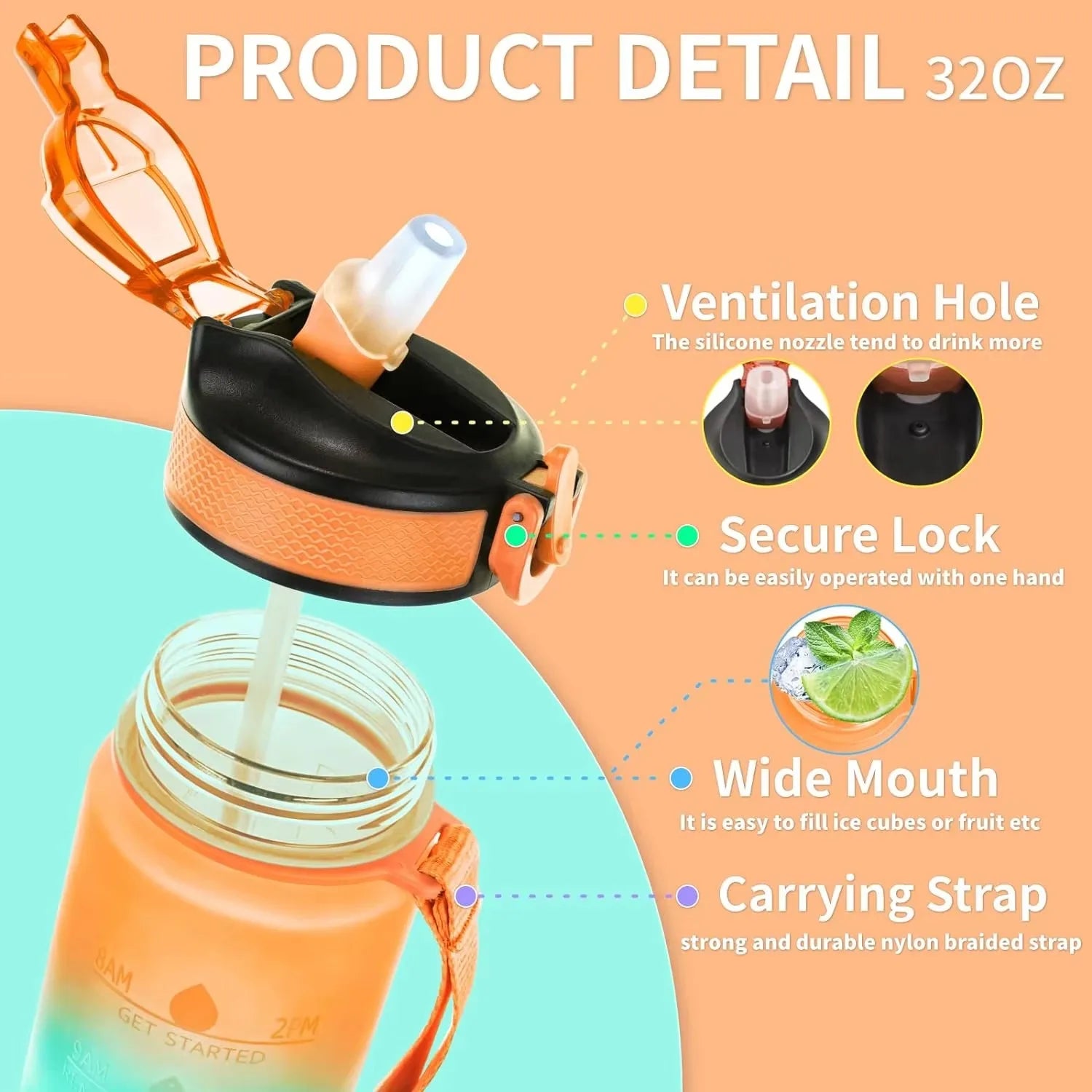 1000ml Water Bottle Gradient Color Motivational Sports Water Bottle with Bouncing Suction Nozzle Leak-proof Cup for Gym, Outdoor