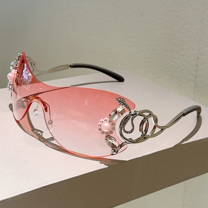 Rimless Y2k Sunglasses with Rhinestones Women Fashion Monoblock Outdoor Decor Shades Trendy Design Gradient Sun Glasses