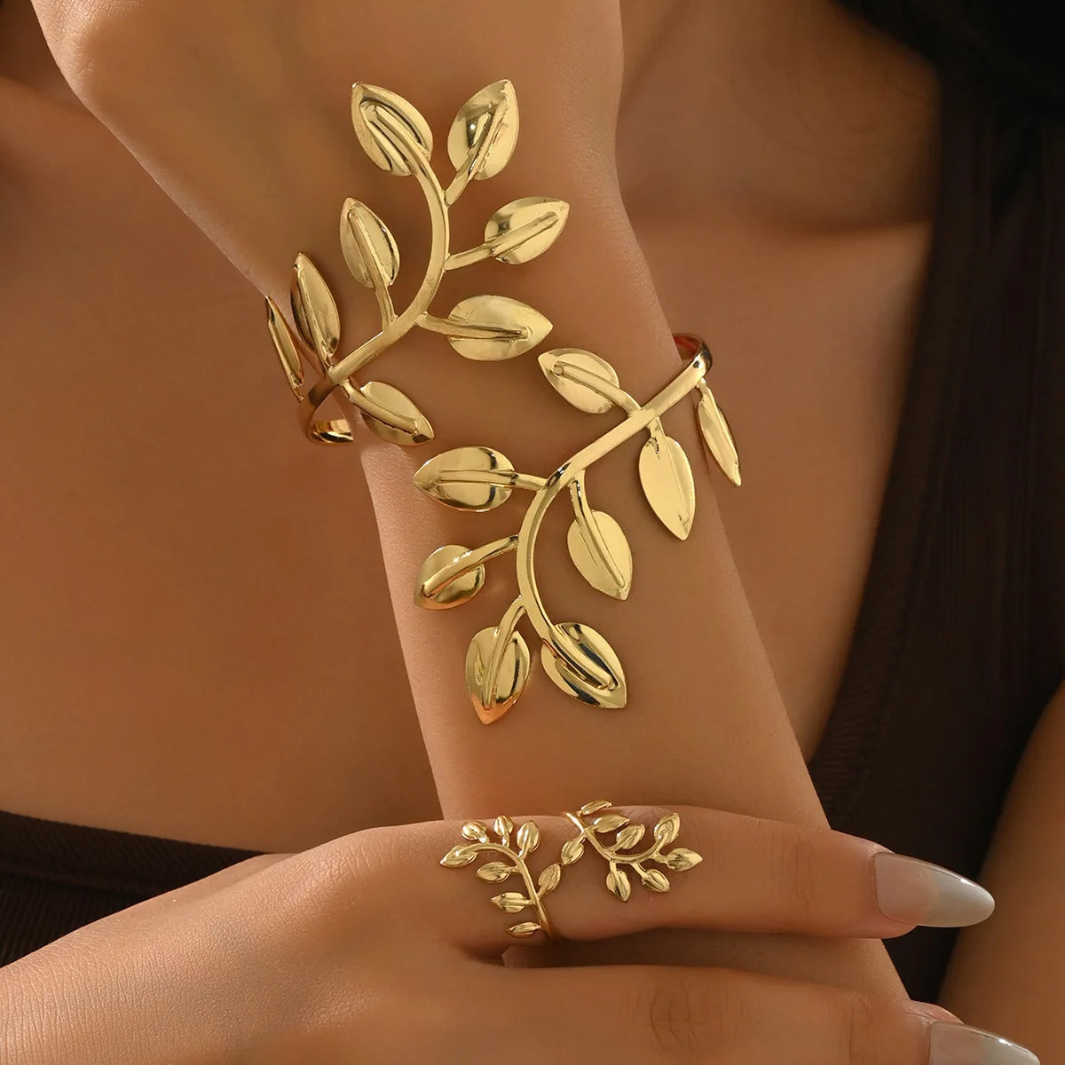 Metal Three-dimensional Leaf Shape Bracelet Ring Set Opening Adjustable Bracelet Body Chain Unisex Style