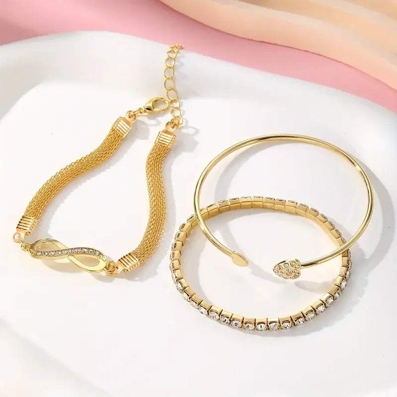 3pcs/Set Vintage Crystal Rhinestone Heart Bracelets for Women Fashion Geometric Adjustable Infinity Cuff Bangle Jewelry Gifts
